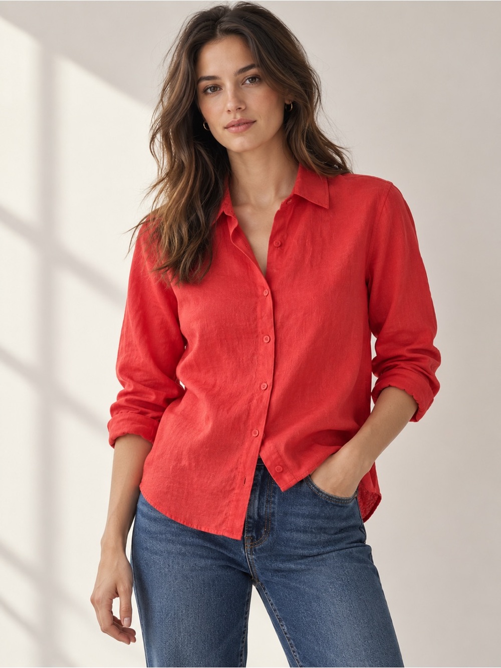 Uniqlo Bright Red Linen Casual Button-Down Shirt